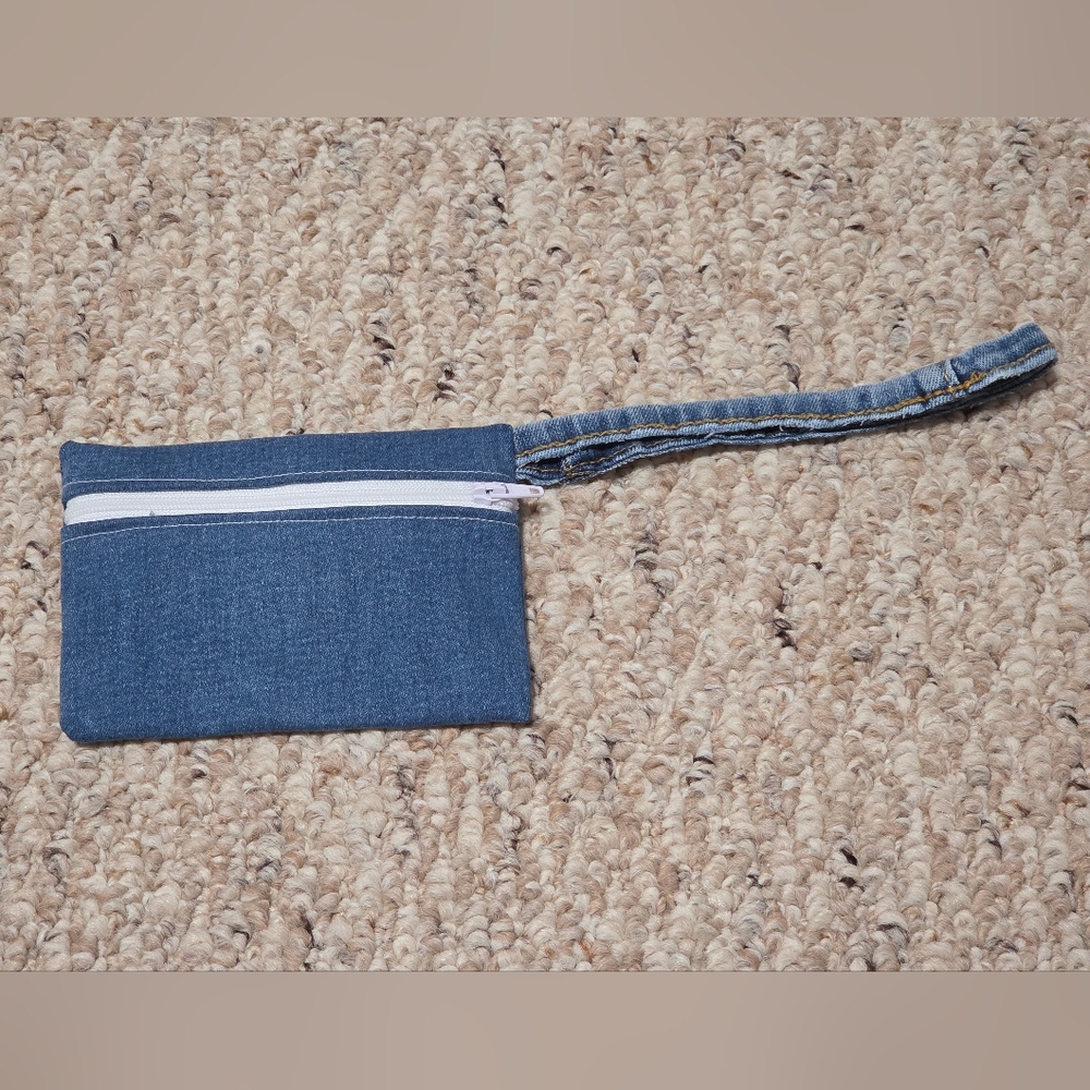 Medium Denim Wristlet with White Zipper